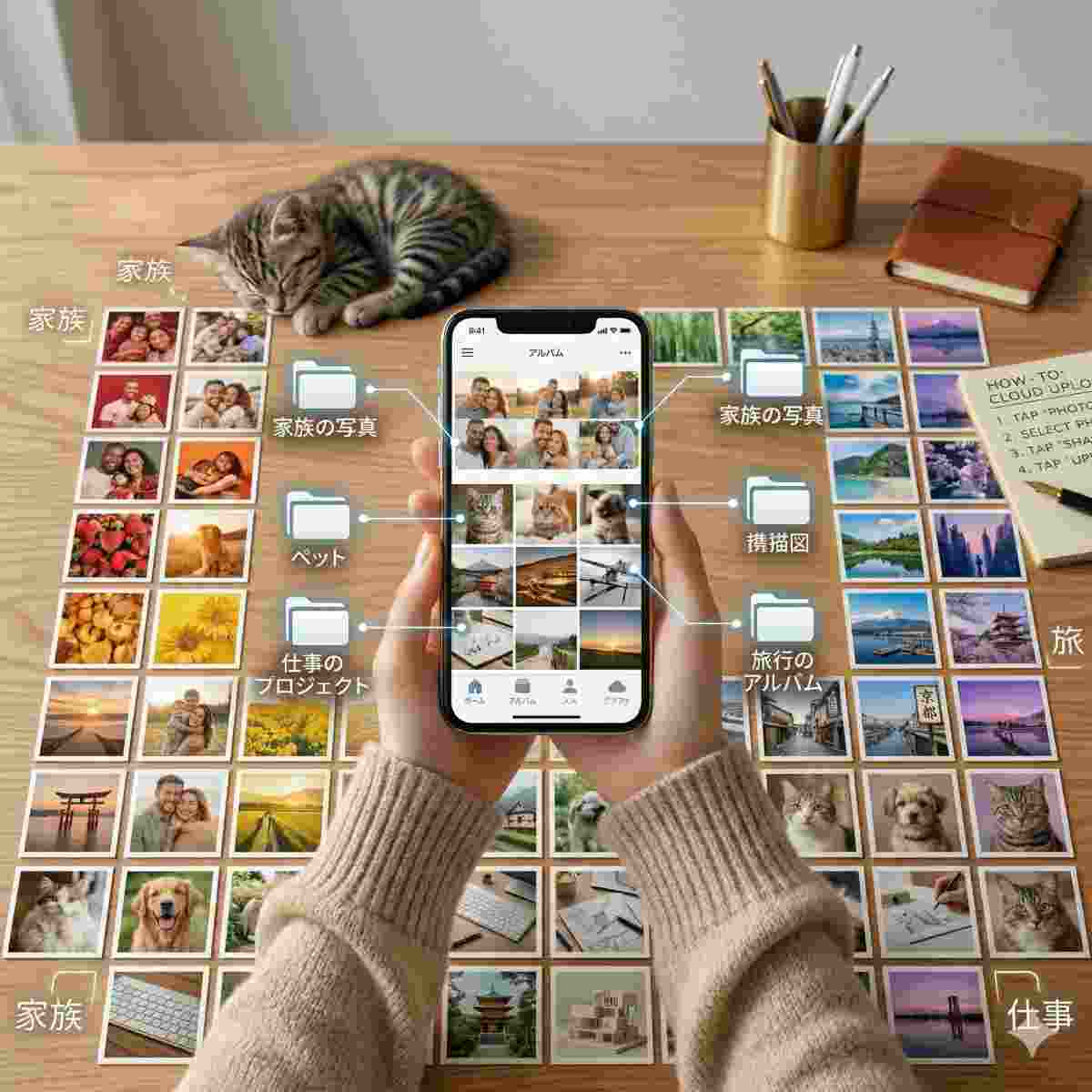  若い女性が子猫と一緒にスマートフォンの使い方を優しく教えている様子 