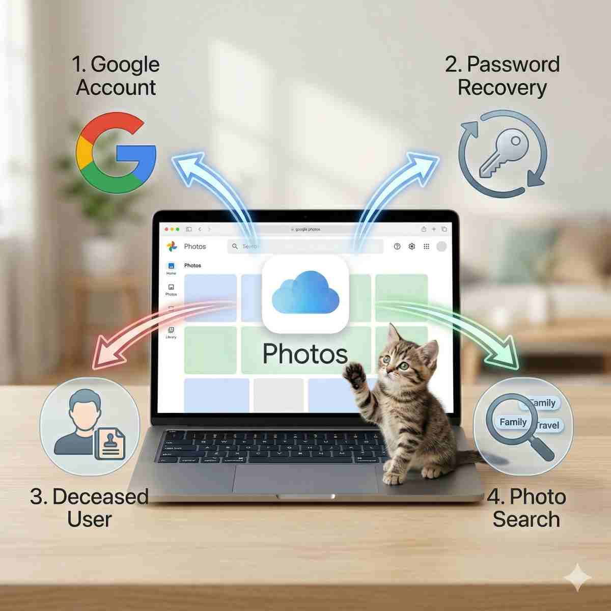 インフォグラフィック（テキスト最小限）。中央にノートパソコンがあり、簡略化された「Googleフォト」Webインターフェースを表示しています（一般的な雲と「フォト」が見える）。画面下から、4つのオプションが分岐しています：1. Googleアカウントアイコン（様式化された「G」の形状）、2.「パスワードの回復」シンボル（円形の矢印が付いた鍵）、3.「故人のユーザー」アイコン（「文書リクエスト」シンボル付きのプロフィール）、4.「家族」または「旅行」ラベル付きの「検索」虫眼鏡。かわいいトラ猫がノートパソコンの近くに座り、分岐要素を遊び心たっぷりに足で触れています。明るく鮮明な色で、読みやすい。
