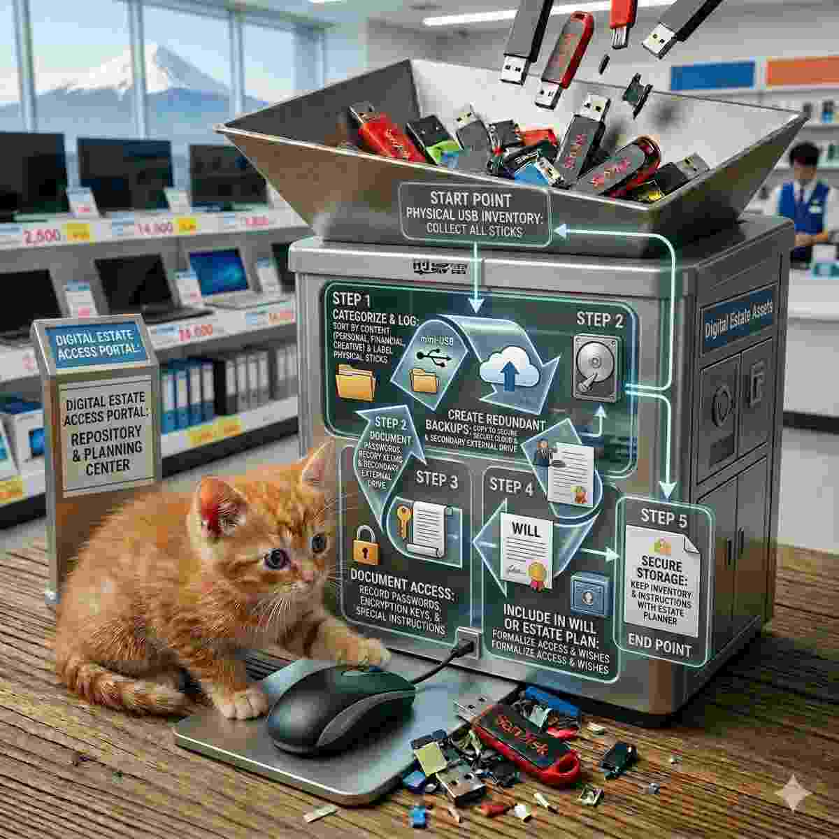 デジタル遺産計画の一環として、USBメモリに保存されたデジタル資産を整理・管理するためのフローチャートを提示し、子猫が好奇心旺盛にコンピュータマウスと遊んでいる概念的なインフォグラフィック。
