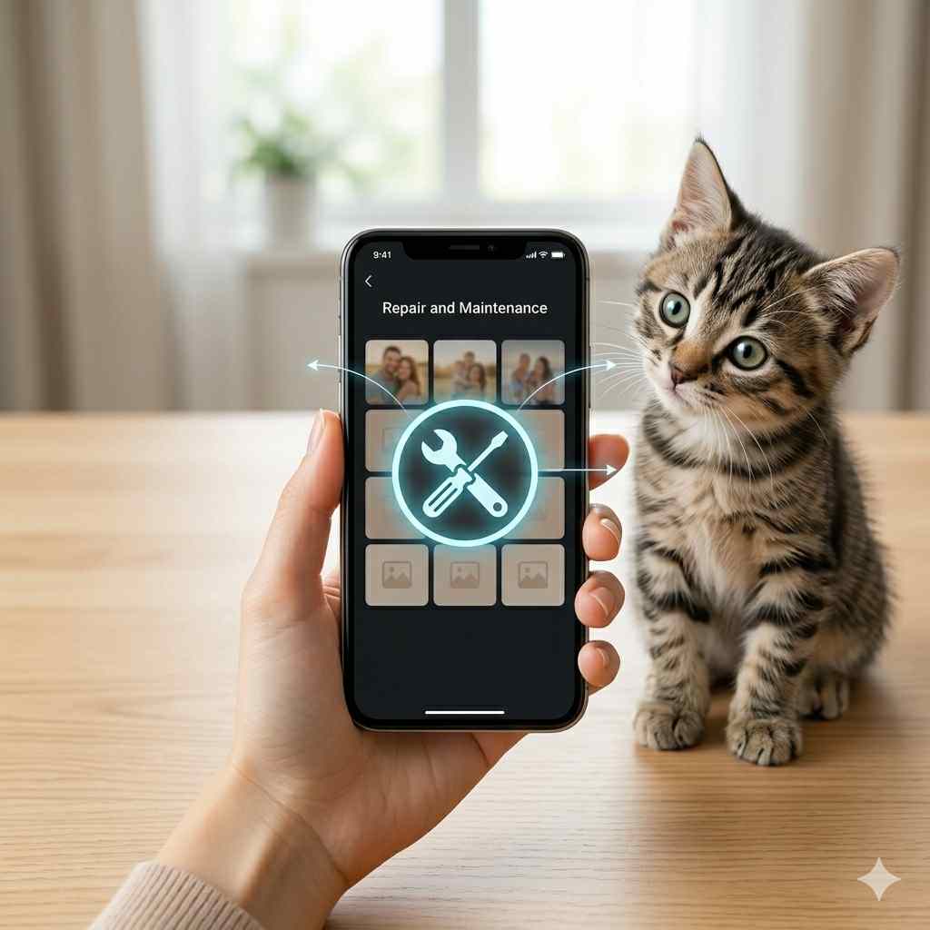 画面に控えめに光るレンチとドライバーのアイコンが表示されたスマートフォン。首をかしげて不思議そうにスマートフォンを見る子猫。清潔なスタジオ照明