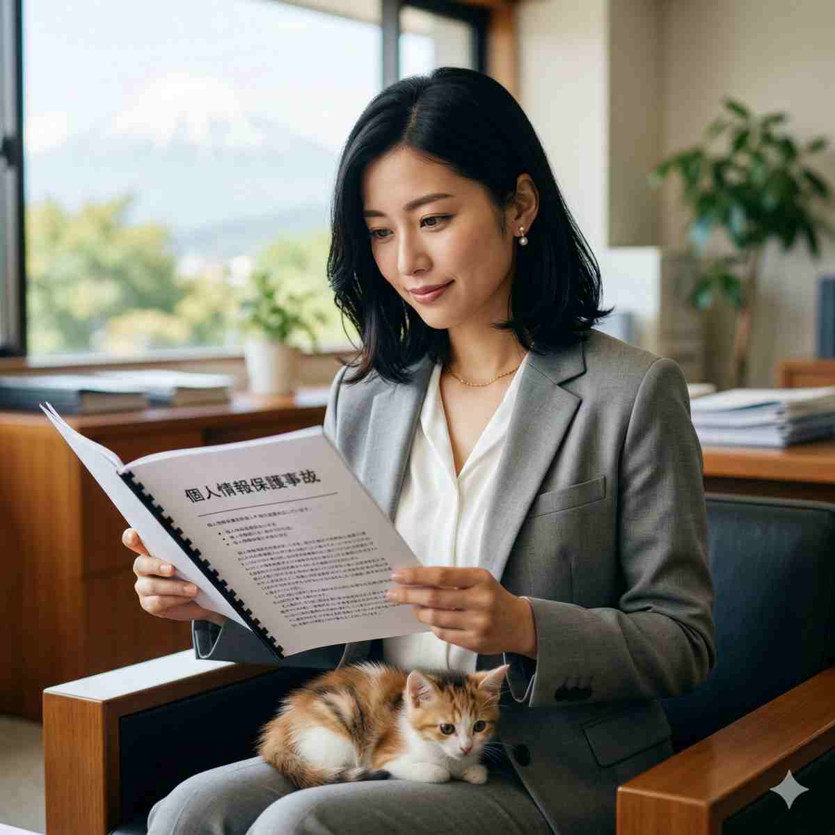 データプライバシーに関する書類を読むプロフェッショナルな服装の20代日本人女性。膝の上には子猫が座っており、真剣ながらも温かみのある高品質な写真。