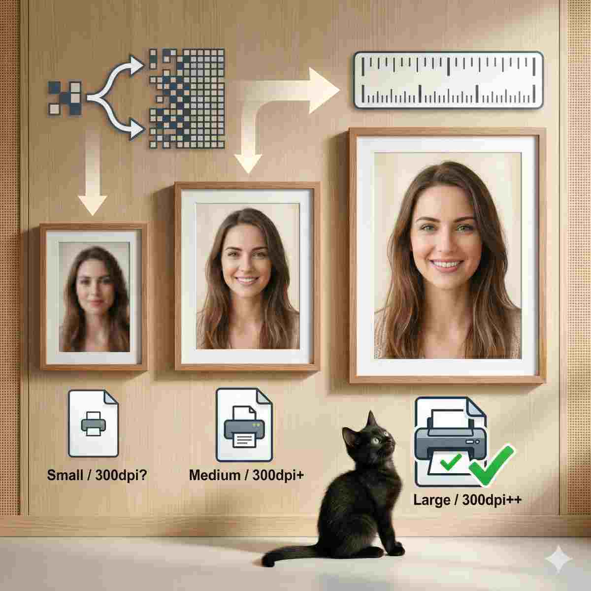 インフォグラフィック（テキスト最小限）。壁に様式化された3枚の印刷された写真を使った視覚的な比較。1枚目は、ぼやけた小さな写真で「小/300dpi？」アイコンが付いています。2枚目は、わずかに鮮明な中くらいの写真で「中/300dpi+」アイコンが付いています。3枚目は、鮮明な大きな写真で「大/300dpi++」とチェックマークアイコンが付いています。矢印がピクセル数（様式化されたピクセル）から最終的な印刷サイズ（様式化された定規）への直接リンクを示しています。思慮深い黒猫が最大の写真を見ており、その品質を強調しています。背景は温かく照らされ、クリーンです。
