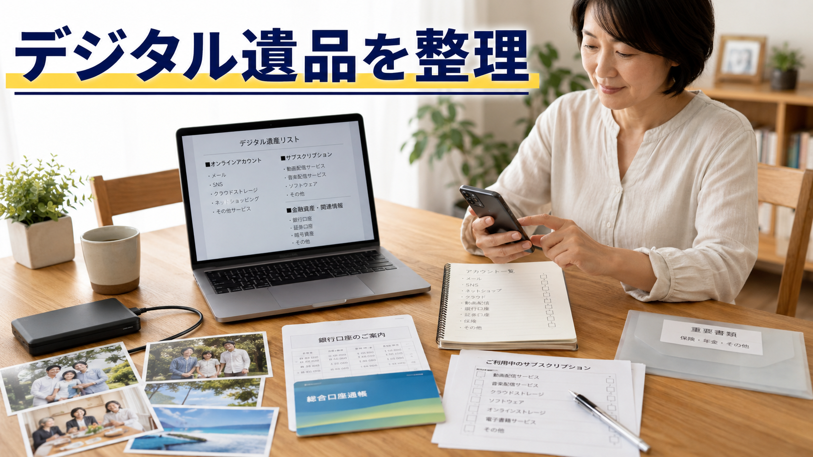 スマホやパソコン、家族写真、契約情報を整理するデジタル遺品対策のイメージ