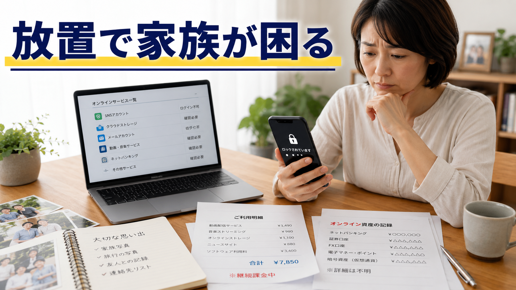 ロックされたスマホや継続請求、見つからない資産に困る家族のイメージ