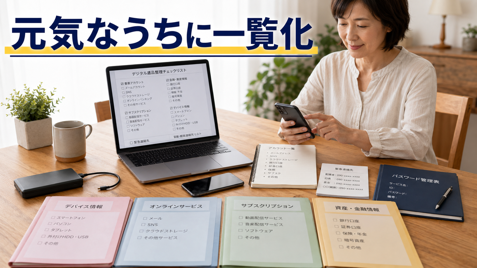 家族が困らないよう端末や契約、資産情報を一覧化する整理作業