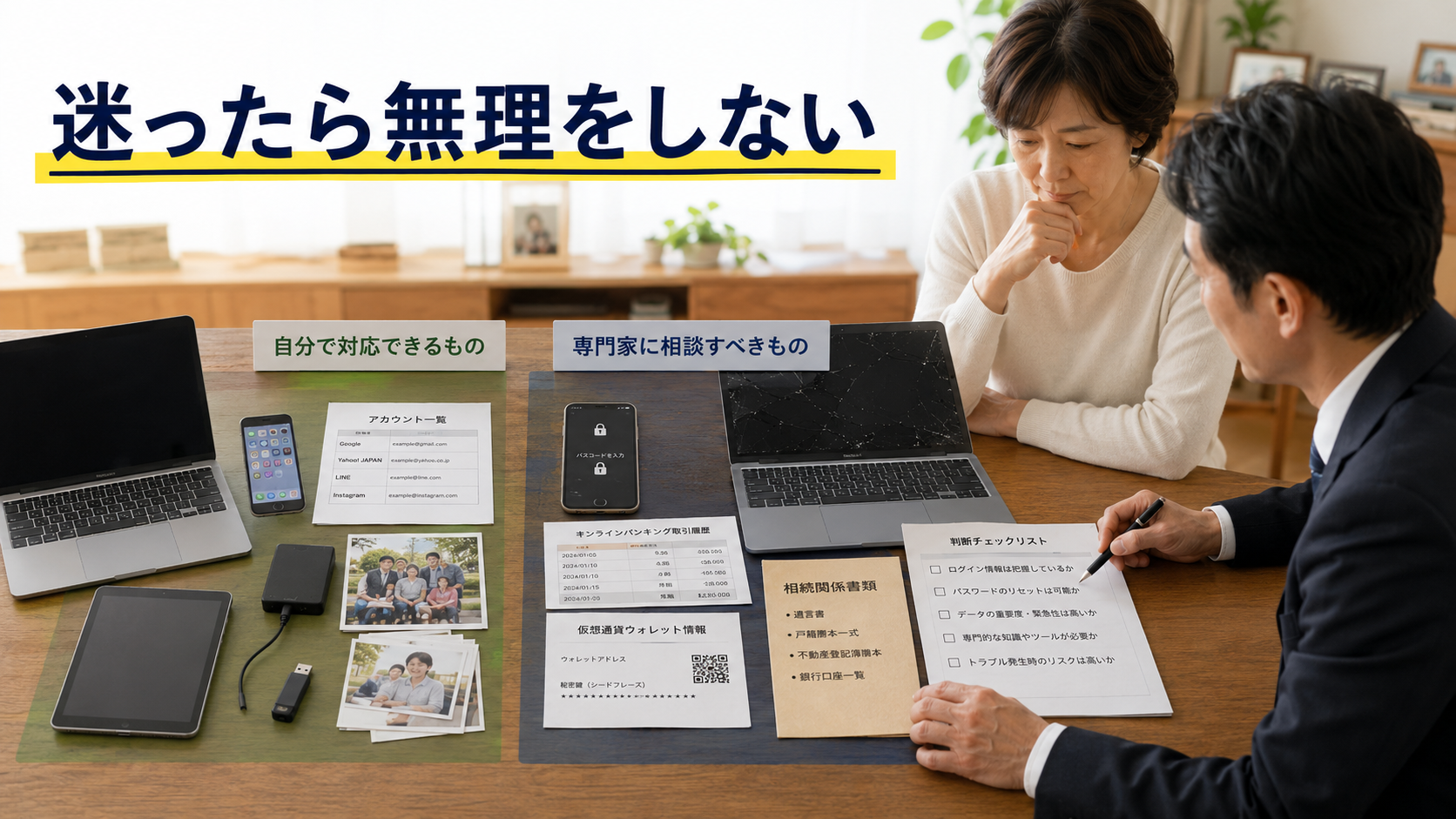 自分で対応できる端末と専門業者へ相談すべき故障端末や資産情報を比較する場面
