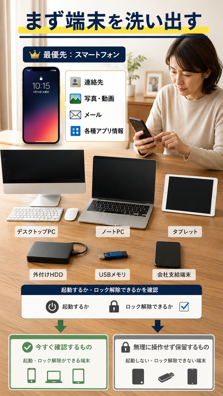 スマホやパソコンなどの端末を集め電源とロック状態で優先順位を分ける作業