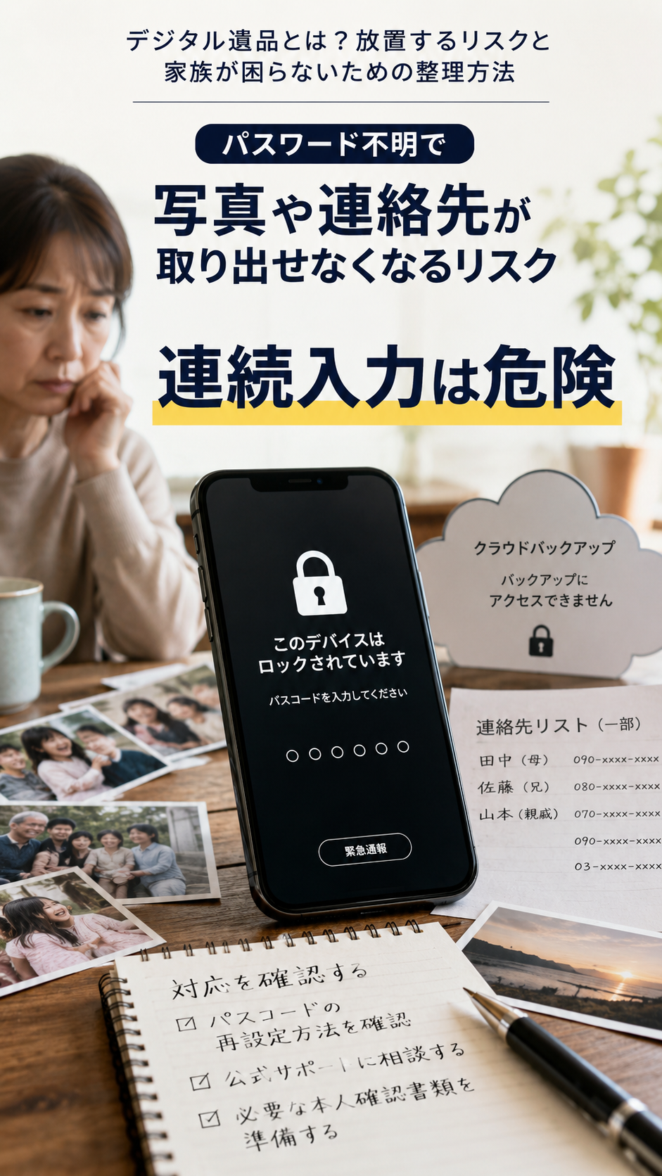 パスコードが分からず家族写真や連絡先を取り出せないスマートフォン