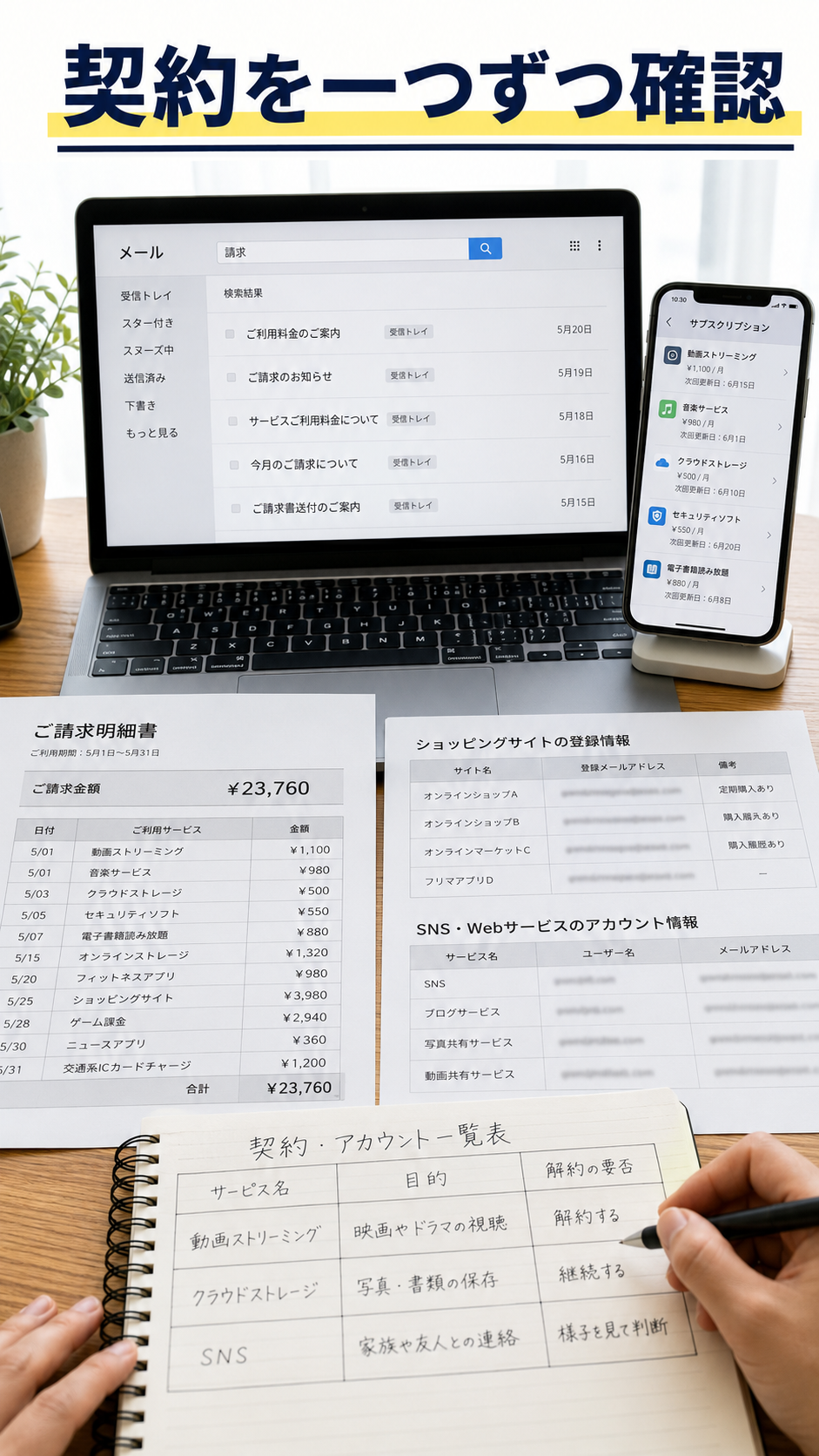 メールやカード明細からSNSや通販、サブスクの契約情報を確認する作業