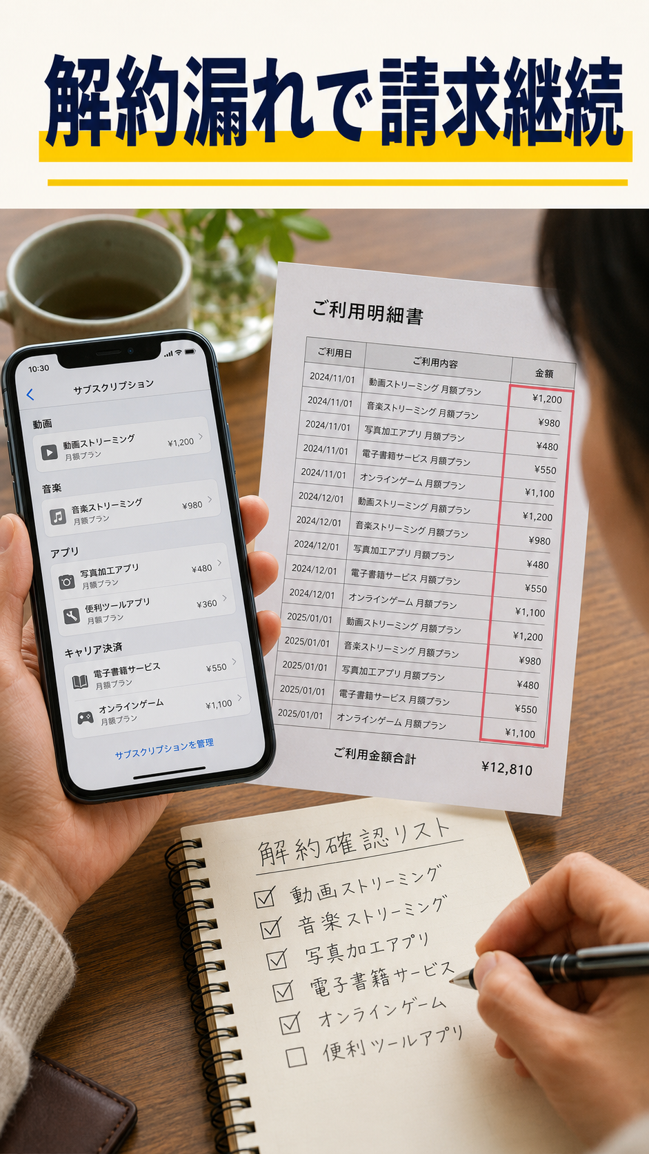 解約されないサブスク料金をスマホとカード明細で確認する家族