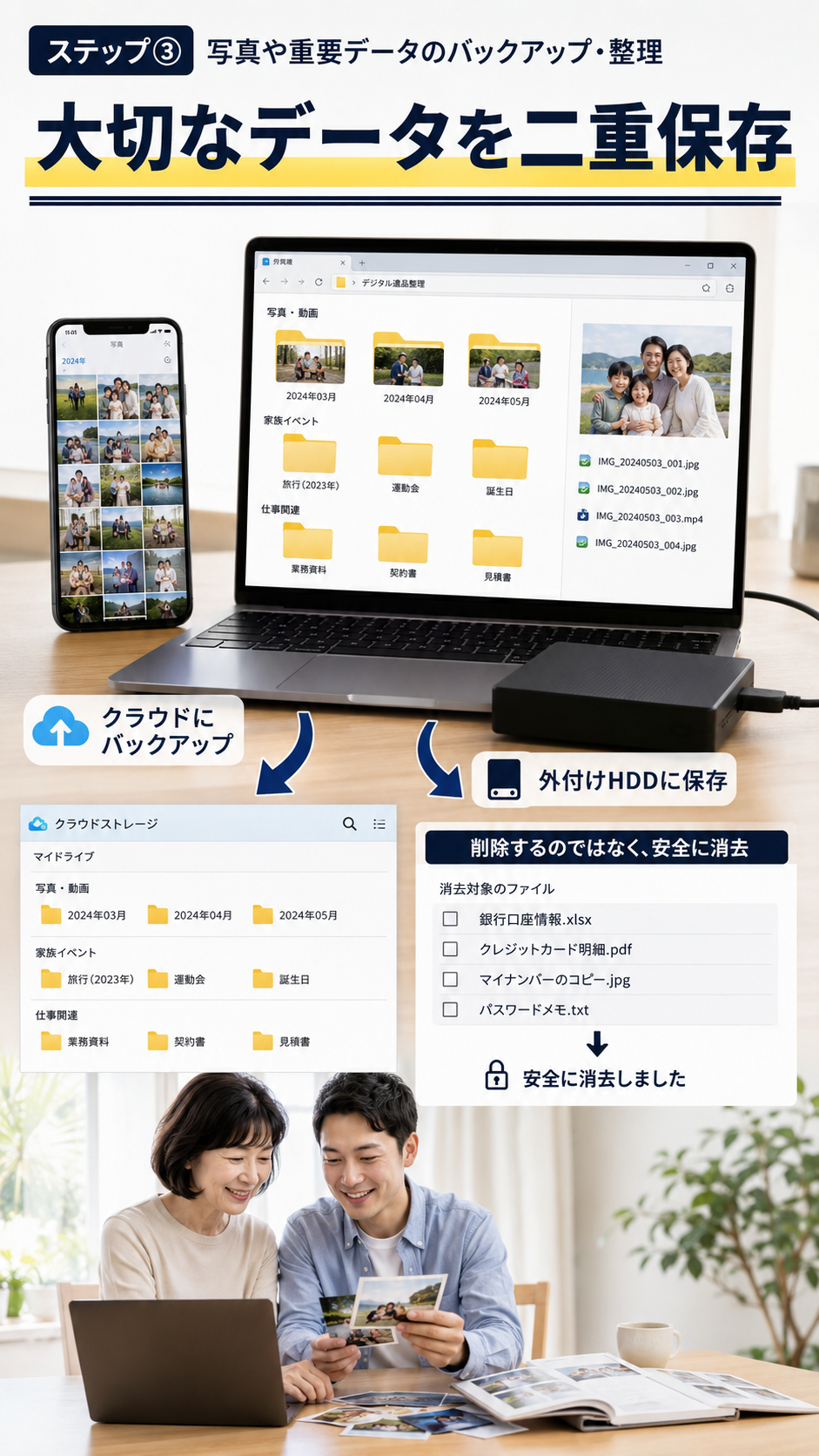 家族写真や重要書類を外付けHDDとクラウドへ二重に保存して整理する様子