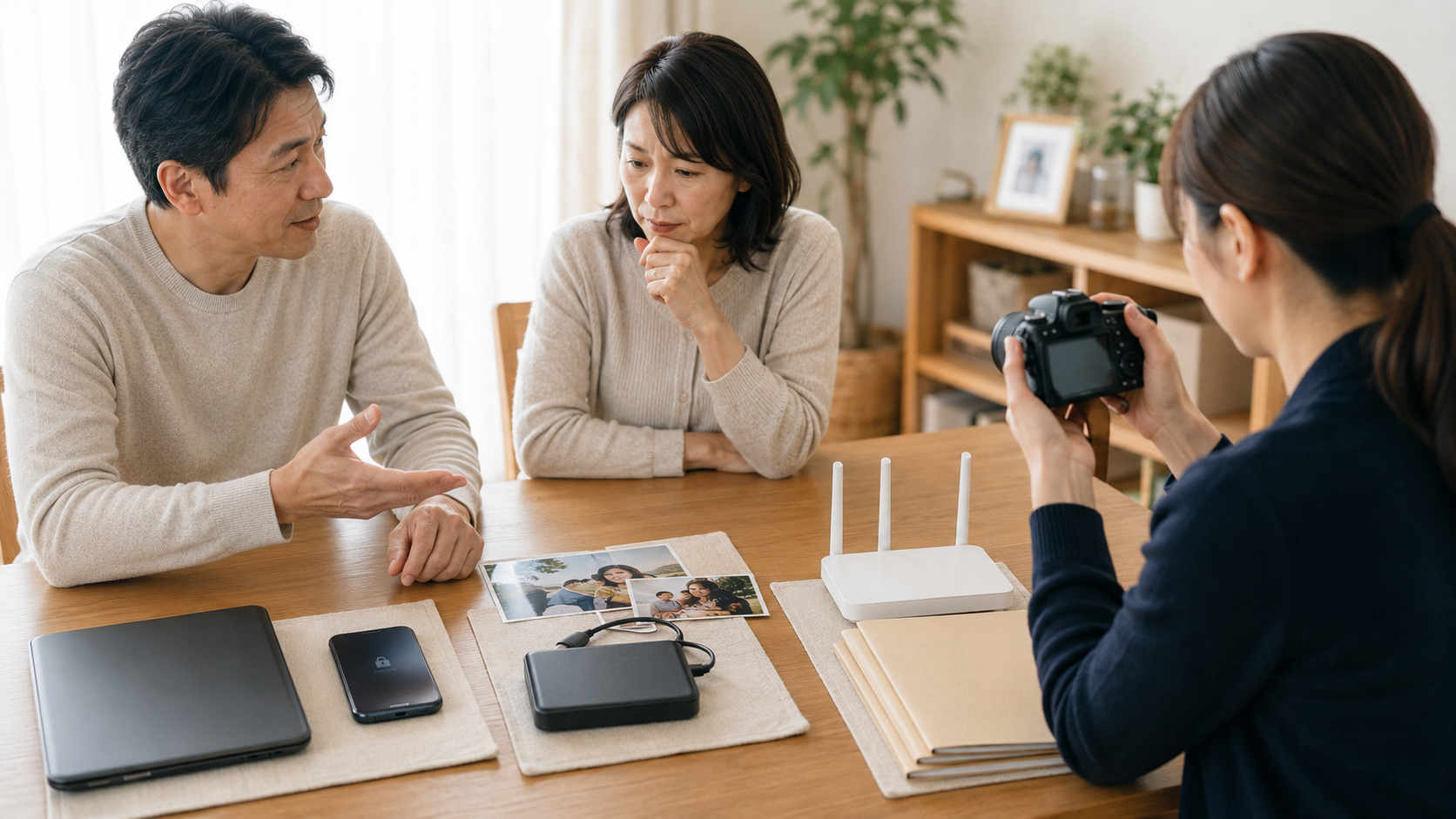 家族が端末本体、保存データ、オンライン契約を分けて整理し、解除の目的を話し合っている様子
