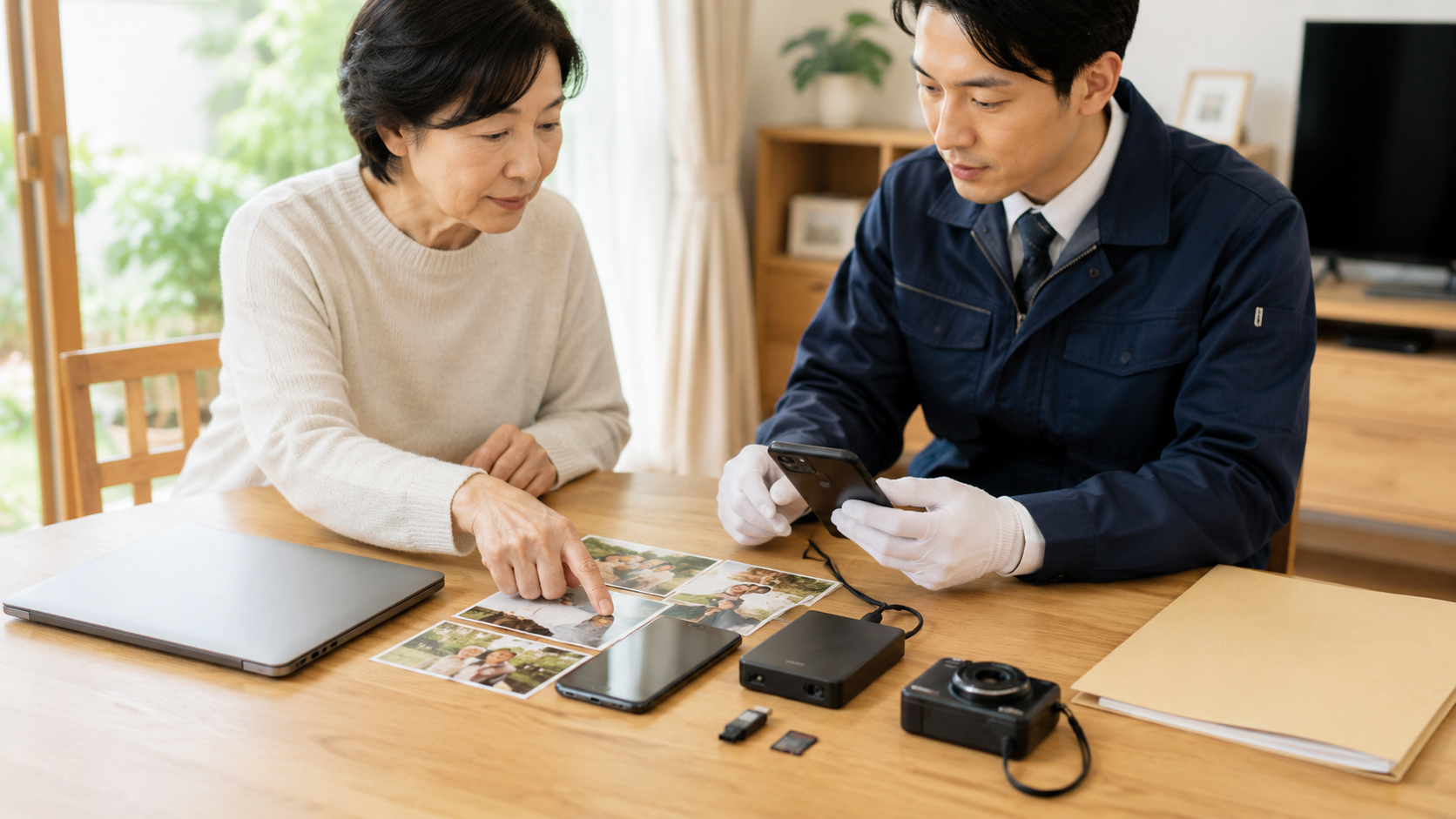 家族がスマートフォンやパソコン、記録媒体に残された写真やデータの整理を専門業者へ相談している様子 