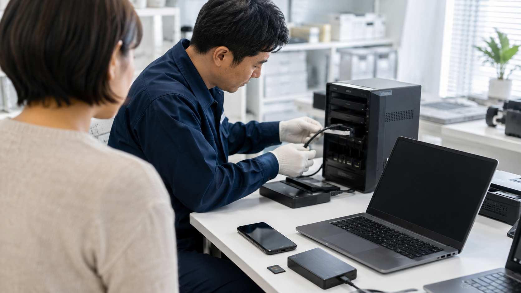 専門技術者がスマートフォンやパソコン、記憶媒体を丁寧に調査している作業風景