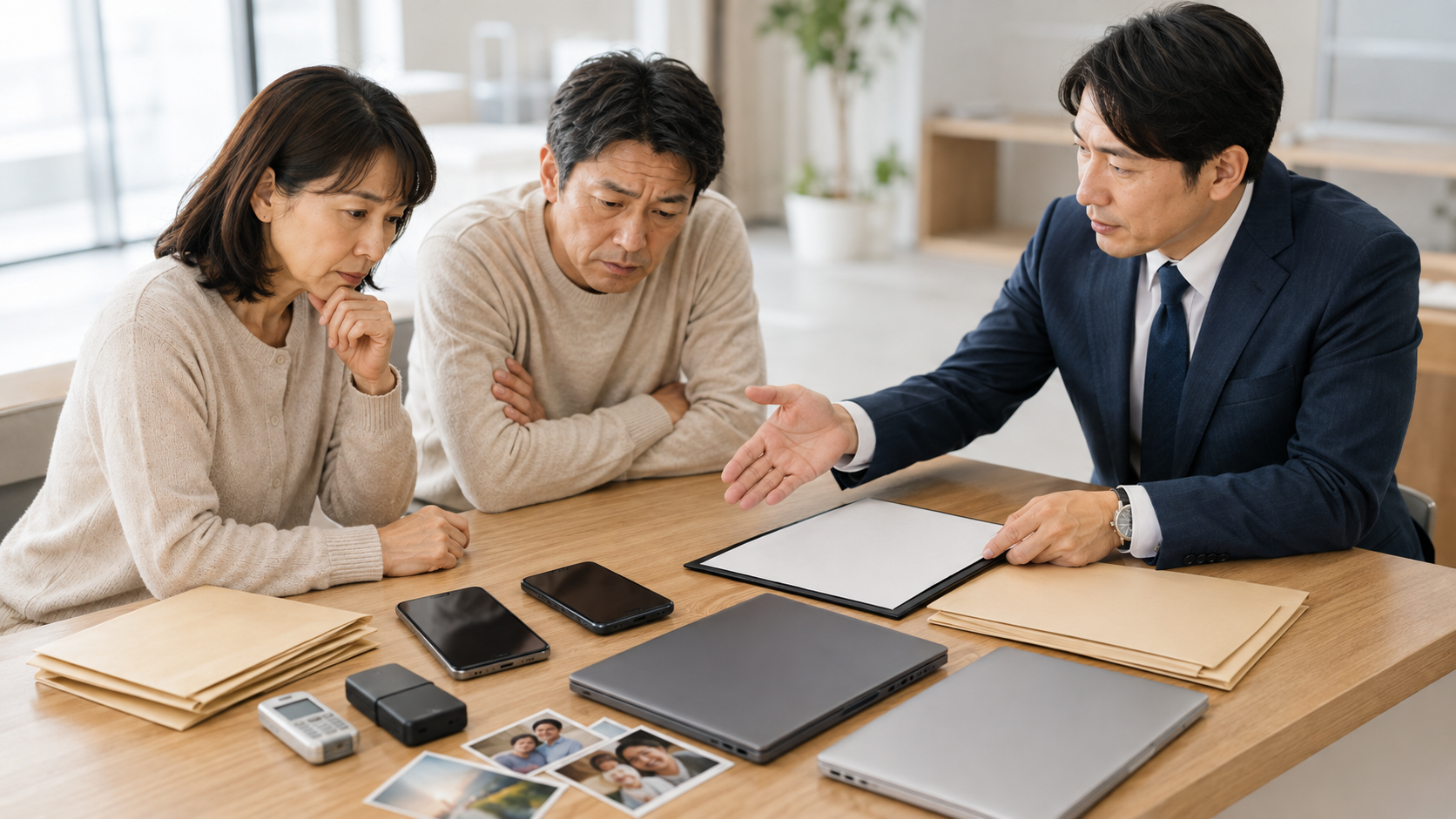 家族が複数のスマートフォンとパソコンを持参し、公式窓口で機種や必要書類を確認している様子