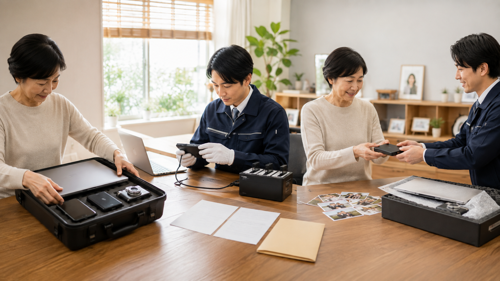 家族が端末を預け、専門業者の診断と作業を経て保存データと機器を受け取る流れ