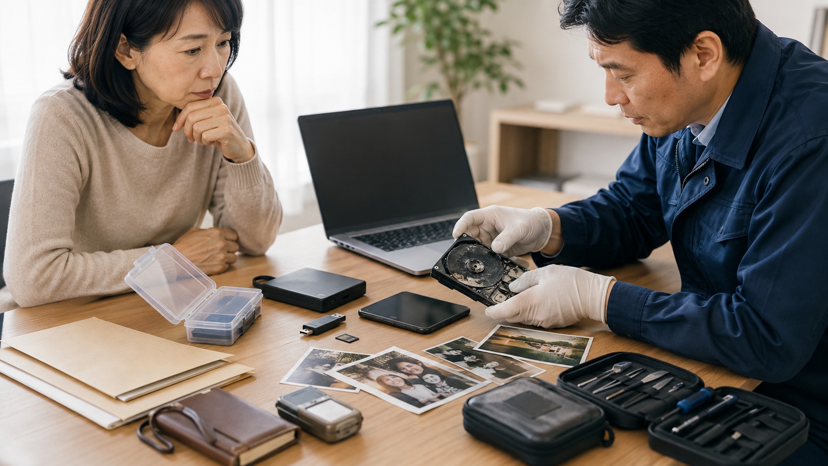 家族が故障した記録媒体やロックされた端末を持ち込み、専門業者へデータ復旧を相談している様子