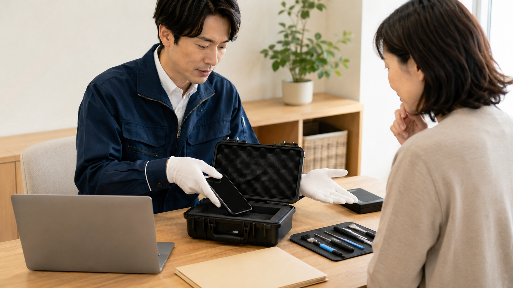 家族が端末の安全な取り扱いや書類管理を確認しながら専門業者と相談している様子
