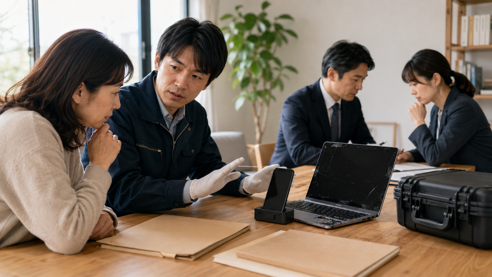 家族と専門家がロックされたスマートフォンと故障したパソコンを確認し、対応範囲を相談している様子