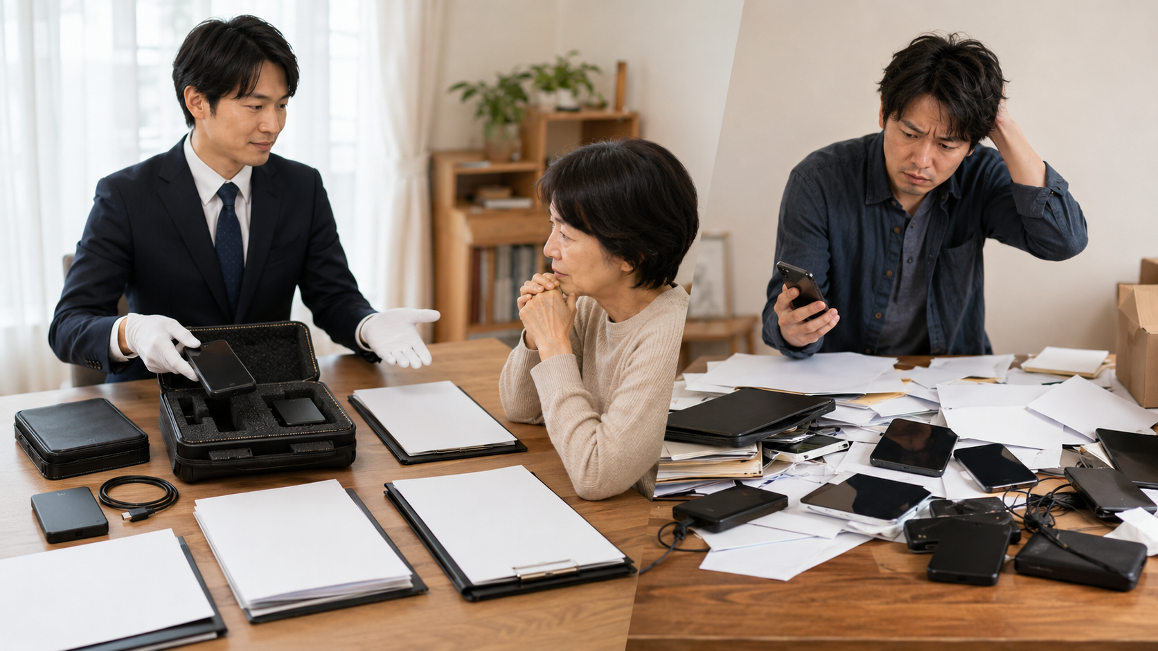 家族が端末の管理方法や説明の丁寧さを見比べながら信頼できる専門業者を選んでいる様子