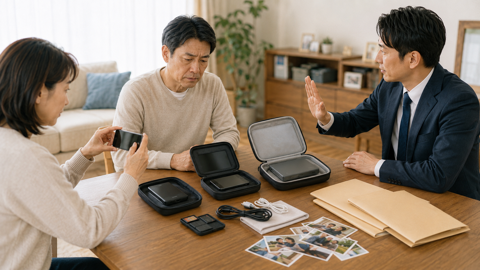 家族がロックされた端末や記録媒体を保護ケースに収め、状態を記録しながら安全に保管している様子